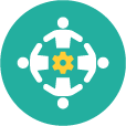 A teal circular icon showing four stylized white figures holding hands in a circle around a central yellow gear for the Shaw Visionary Scholars program.