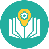 A teal circular icon with an open book and a lightbulb containing a gear inside, representing the hands-on learning experiences SVS provides for youth.