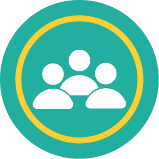 A teal circular icon with a yellow inner border showcasing three white abstract figures grouped together, representing community support and inclusion.