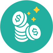 A teal circular icon featuring a white tower of coins and yellow sparks, representing the financial support SVS provides for youth.