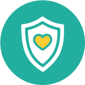 A teal circular icon with a white shield and a yellow heart at the center, representing the wellness support SVS provides for youth.