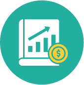 A teal circular icon with a white financial book, a coin, and an arrow pointing upward, representing the financial literacy support SVS provides for youth.