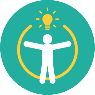 A teal circular icon depicting a white stylized figure with outstretched arms inside a yellow circle, beneath a glowing yellow lightbulb, representing leadership and innovation.