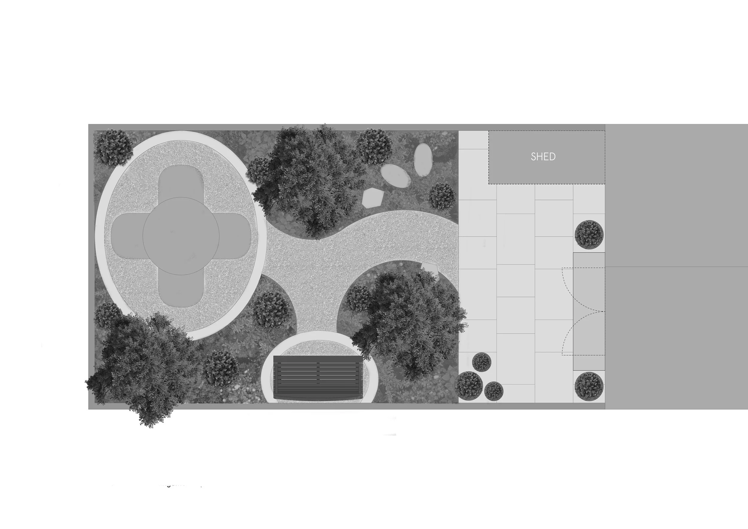 Top-down view of a landscaped yard with trees, shrubs, a circular pathway, a shed, a bench, and a paved area.