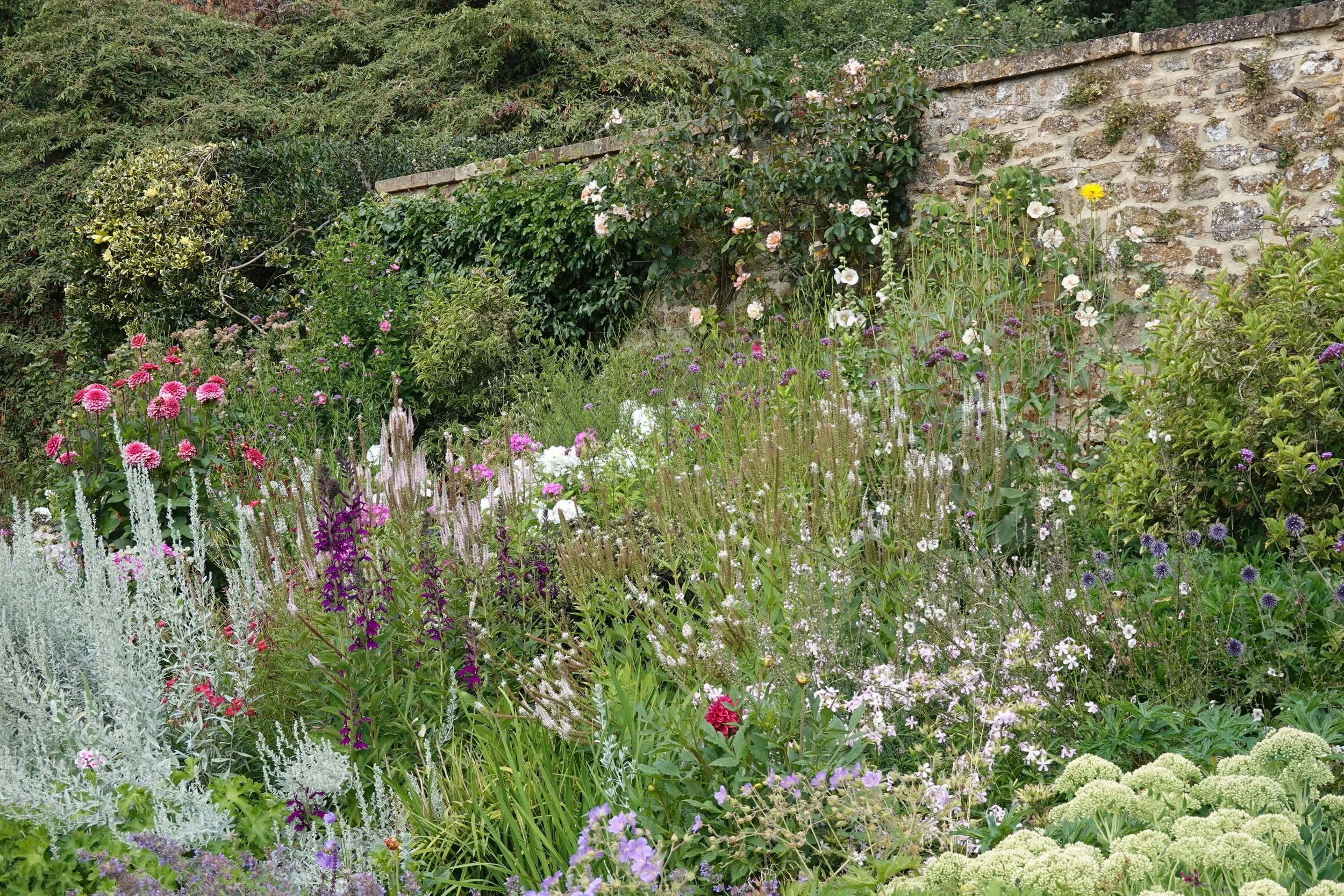A lush garden filled with various colorful flowers in front of a stone brick wall.