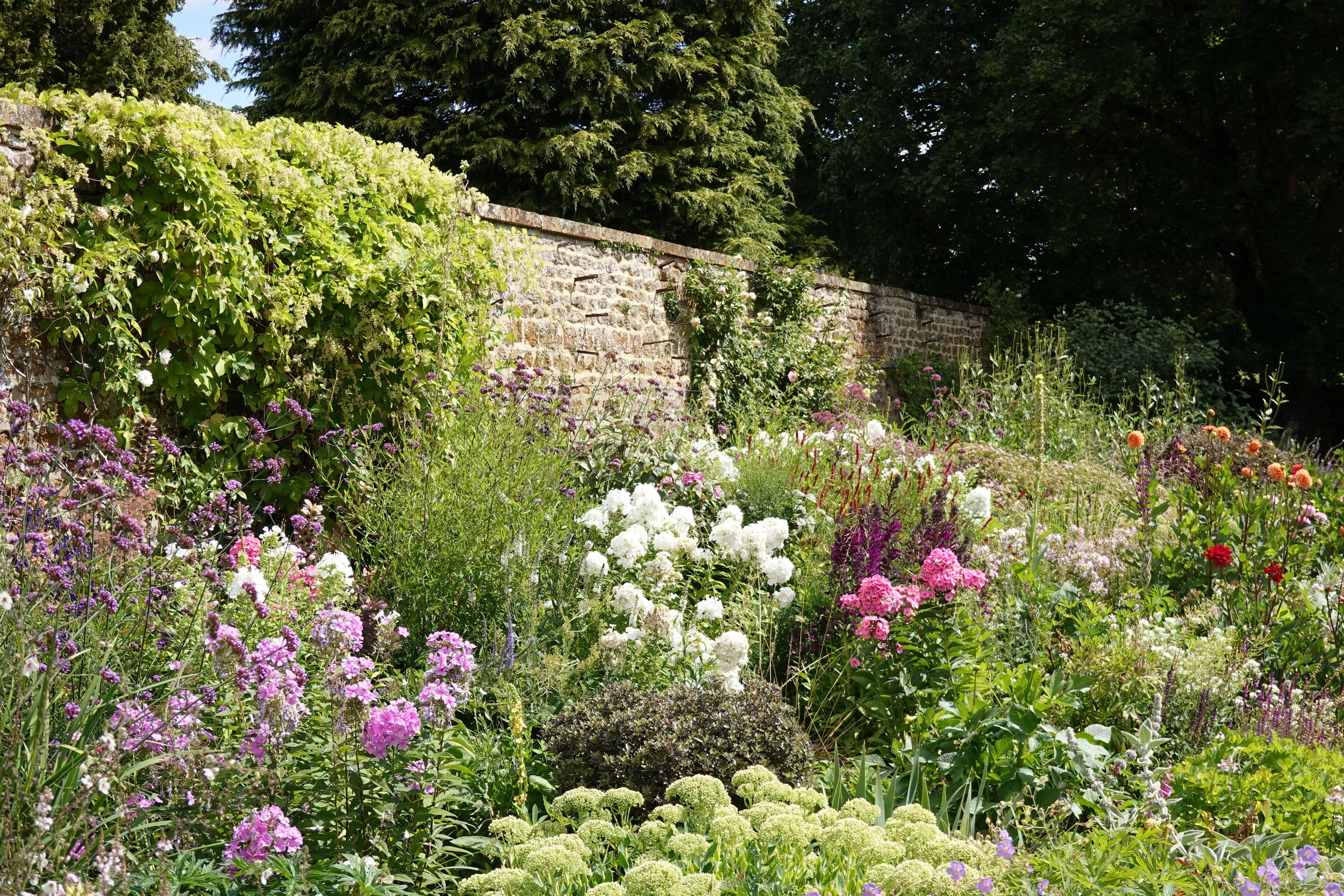 HENRY MILLS LANDSCAPES | A garden with a stone wall covered in greenery and blooming flowers, surrounded by trees and various colorful flowers in full bloom.