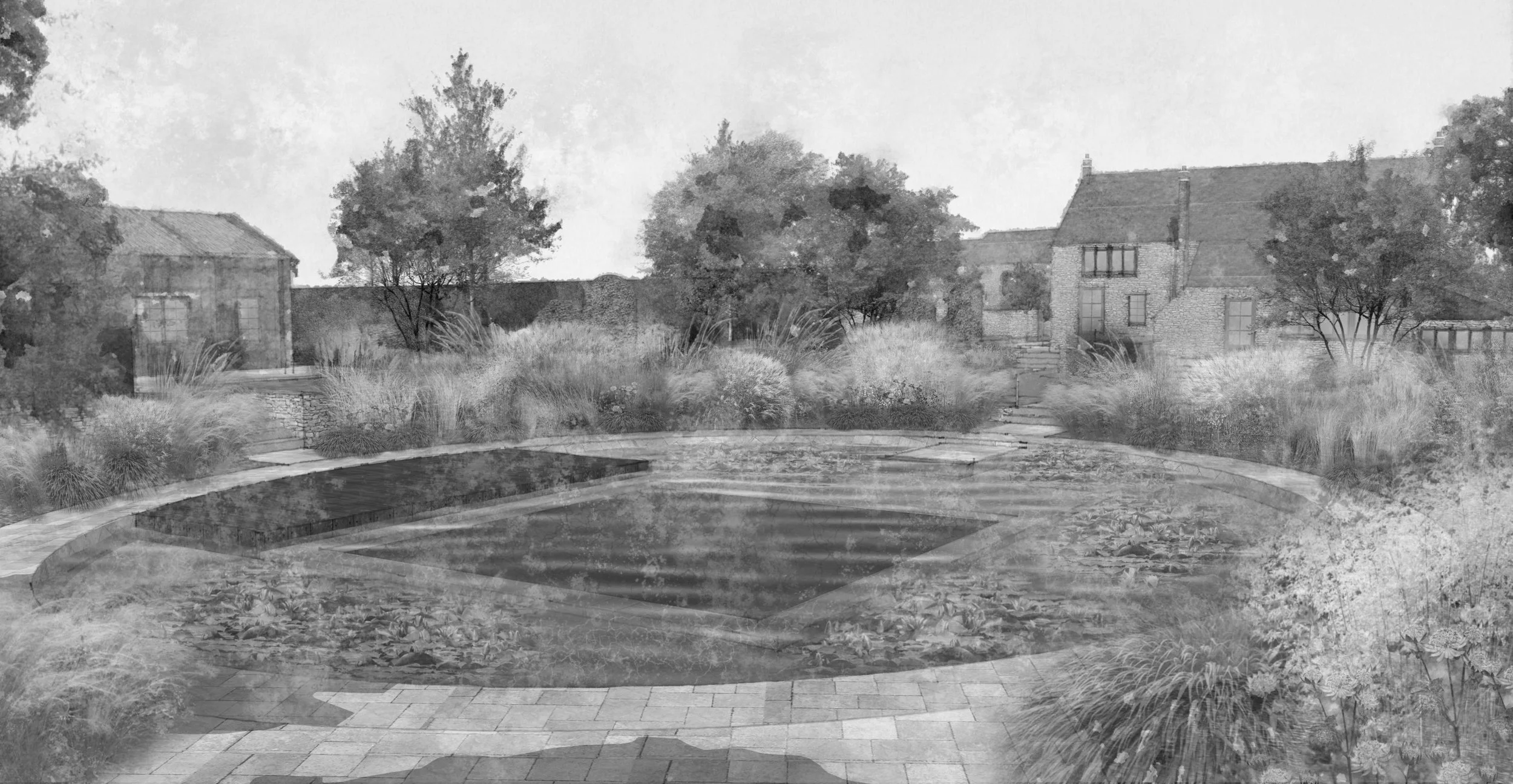 A courtyard with a circular pond, stone pathway, and garden plants surrounded by trees and residential houses in the background.