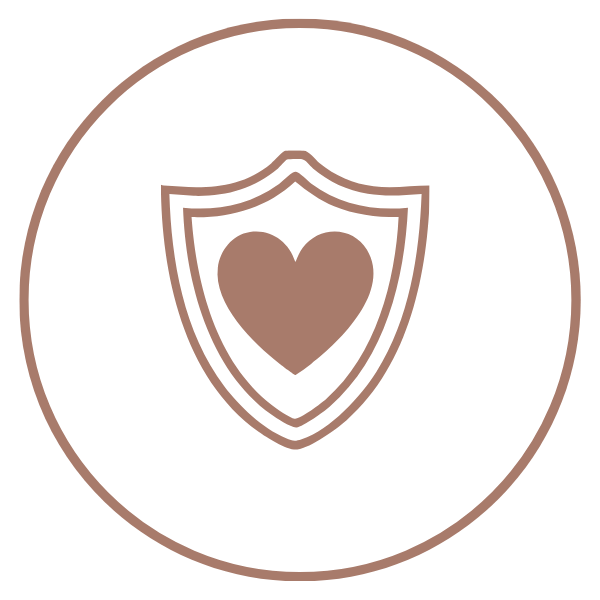 Athena Grace Foundation Mission Emblem, Shield with a heart in the center, enclosed in a circular border, in brown and white colors.