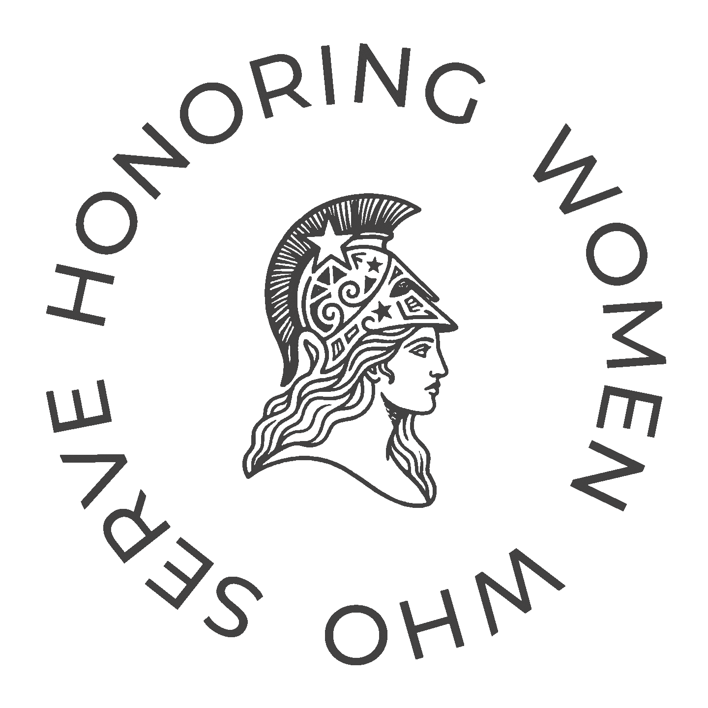 Athena Grace Logo Hononring Women Who Serve Emblem. The image contains a dark, monochromatic circular emblem with a profile of a woman wearing a Corinthian-style helmet, surrounded by the words "HONORING WOMEN WHO SERVE"