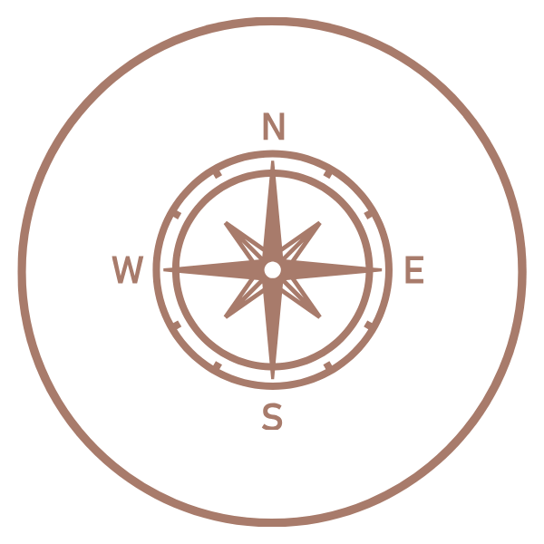Athena Grace Foundation Mission Emblem, Brown and white compass rose with cardinal directions N, E, S, W.