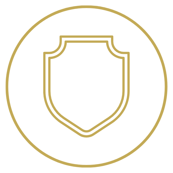 5 Pillars of Athena Grace Foundation, white circular badge with a gold border and an outline of a shield in gold in the center.