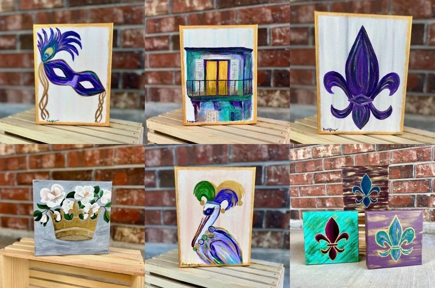 Collection of six small paintings, each featuring a different subject, including a purple masquerade mask with a peacock feather, a building with balcony and yellow door, a purple fleur-de-lis, a pot of white flowers, colorful feathers, and two fleur-de-lis symbols in green and purple backgrounds, displayed on wooden blocks against brick walls.