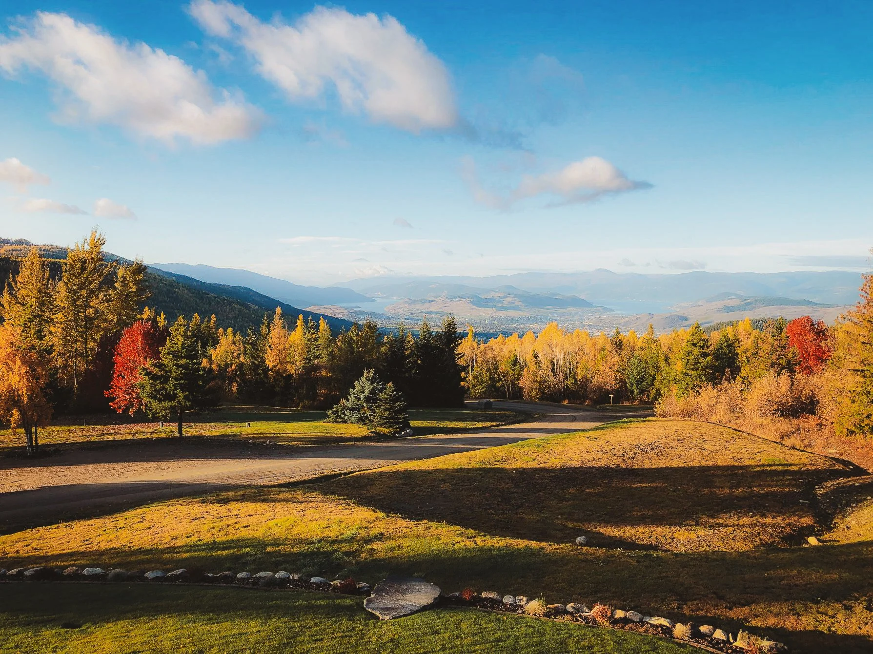 Scenic view of a hillside with colorful autumn trees, a winding path, distant mountains, and a bright blue sky with clouds.
