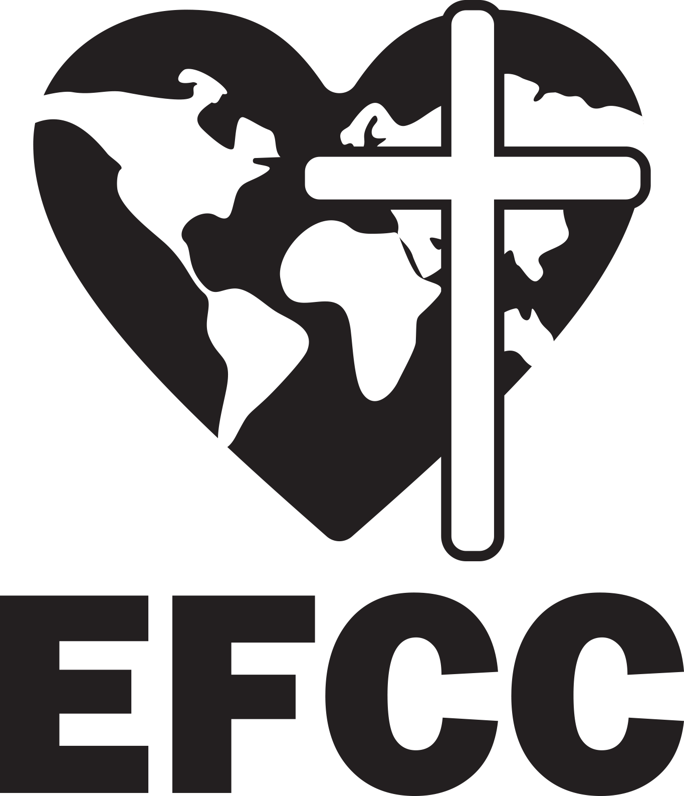 A black and white illustration featuring a heart shape with a world map inside it and a cross overlaid.