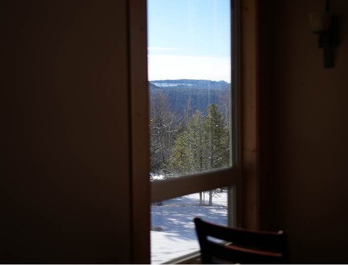 View of a snowy landscape with trees and distant mountains through a window inside a room.