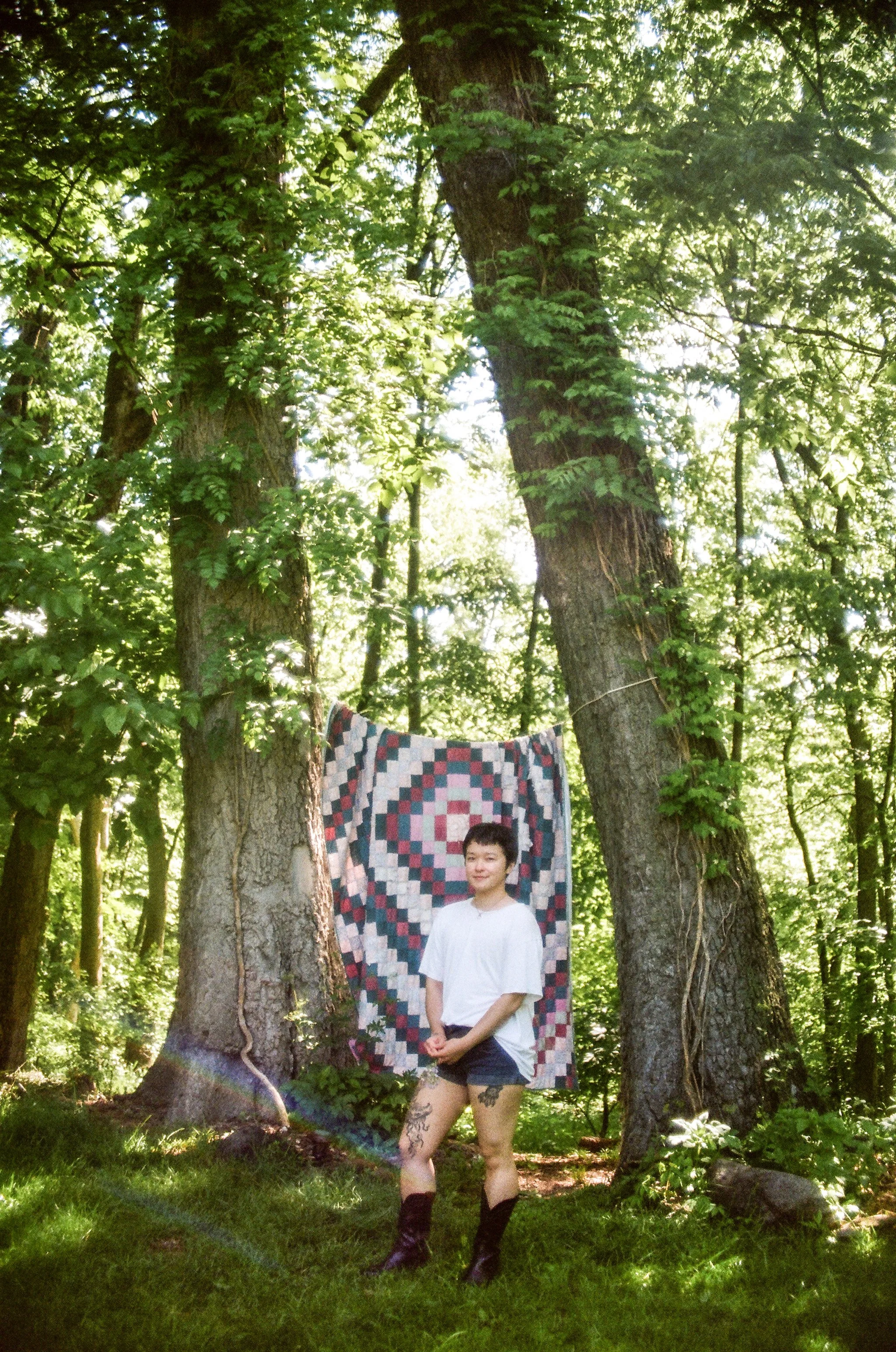 A person with short dark hair, wearing a white t-shirt and shorts, stands in a wooded area in front of a quilt hanging between two trees.