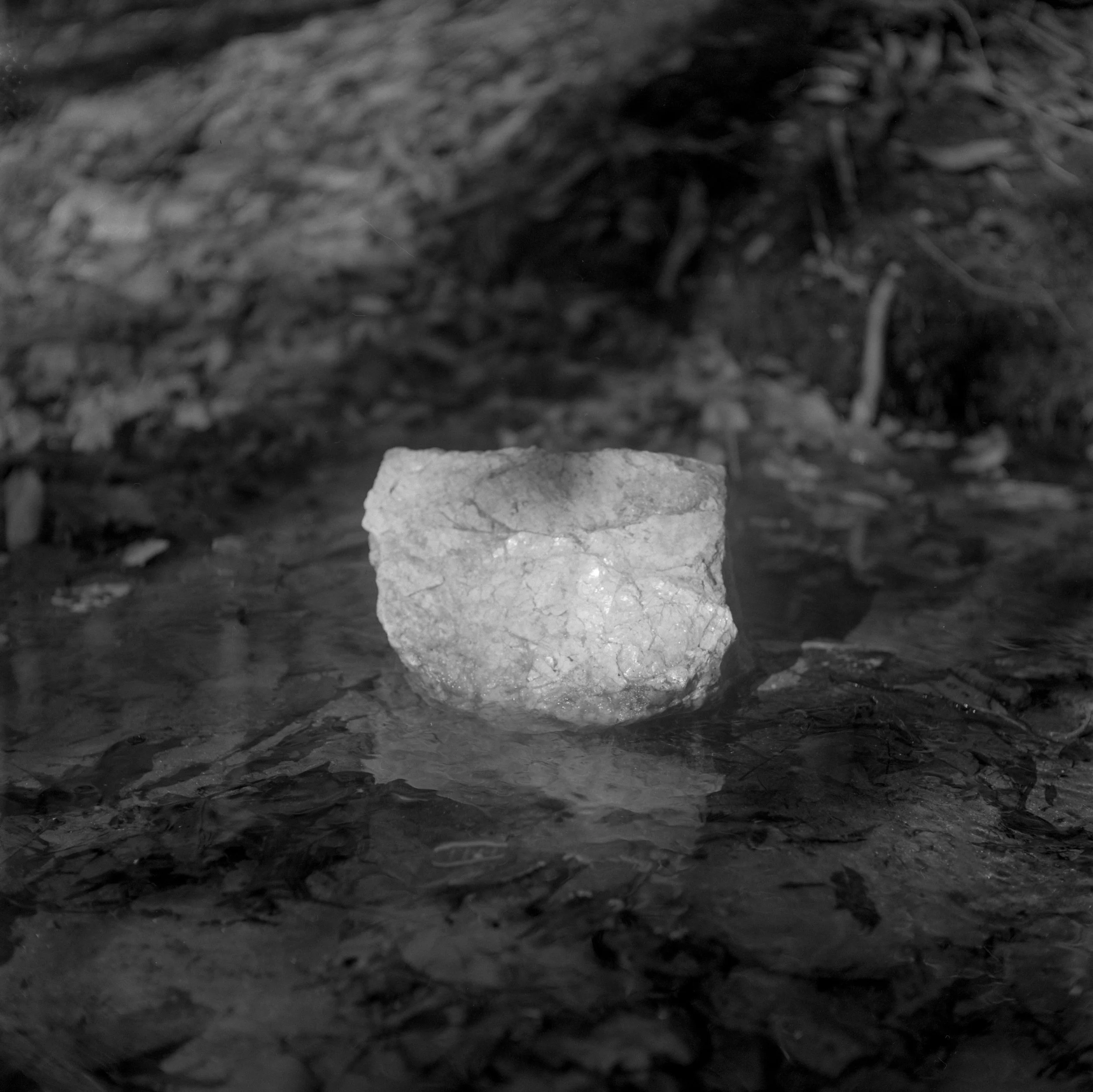 Close-up photograph of a small rock or stone on a rough, dirt surface.
