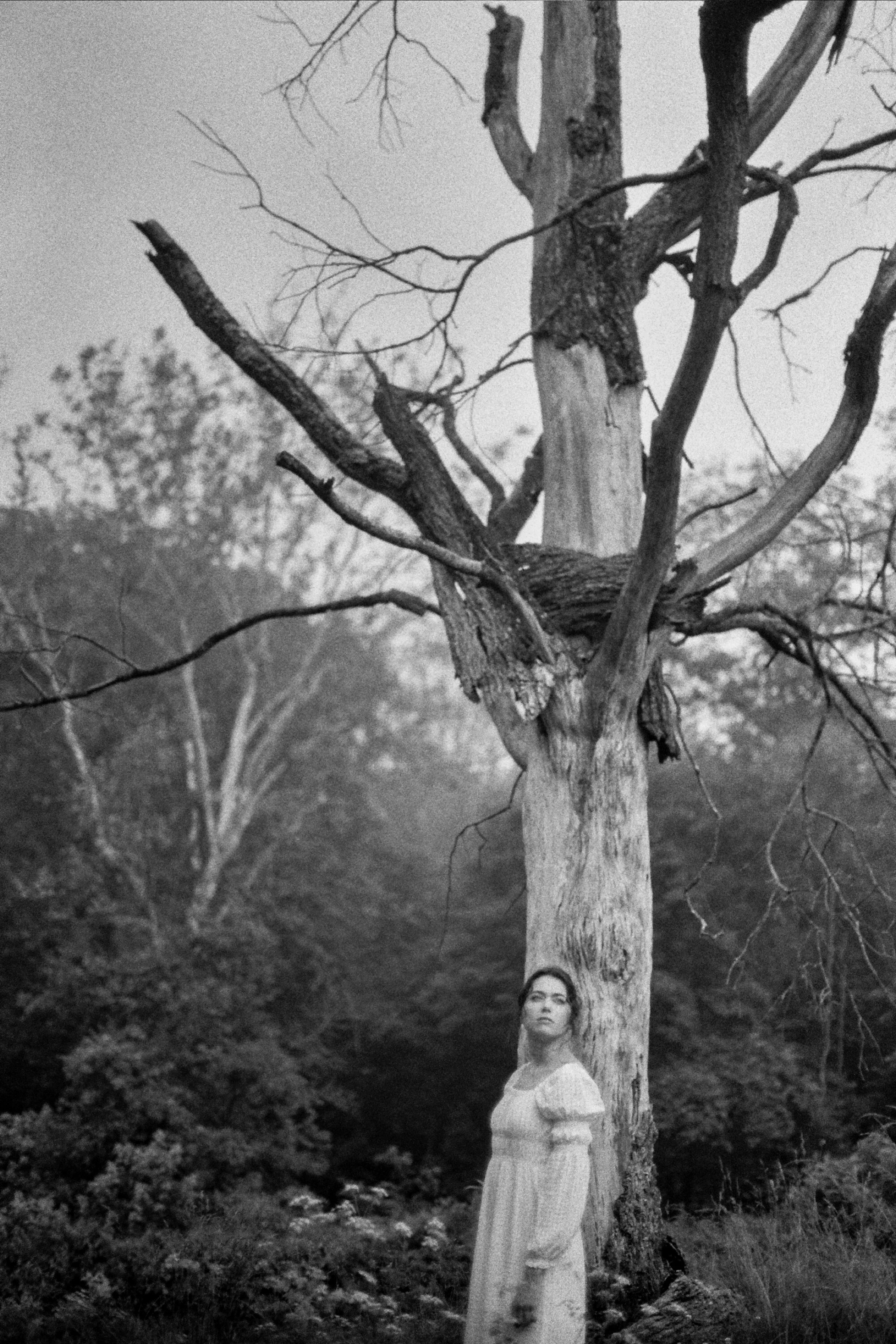 A black and white photo of a woman standing behind a tall, leafless tree in a natural setting, with her face and arms visible. The background features more trees and foliage.