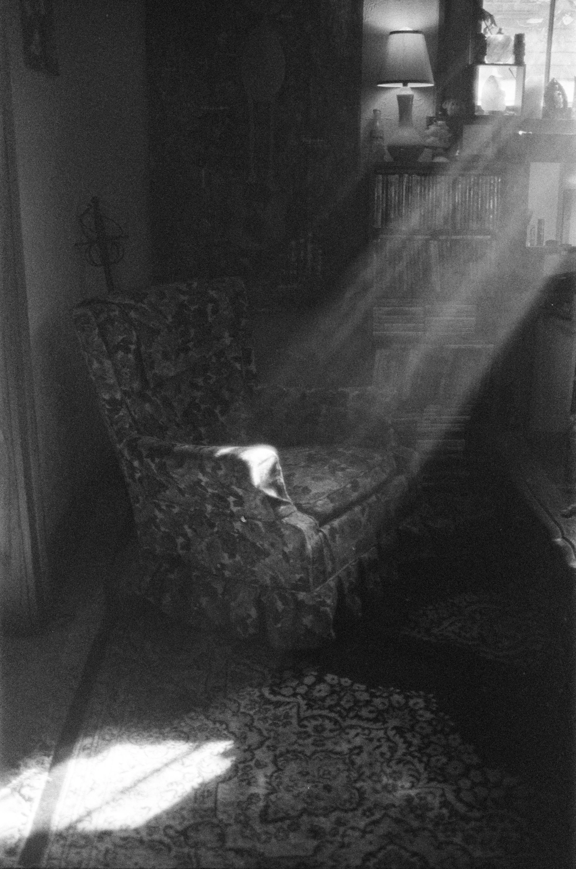 A dimly lit living room with patterned carpet, an armchair, a bookshelf, a table with a lamp, and various decorative objects on the shelves, in black and white.