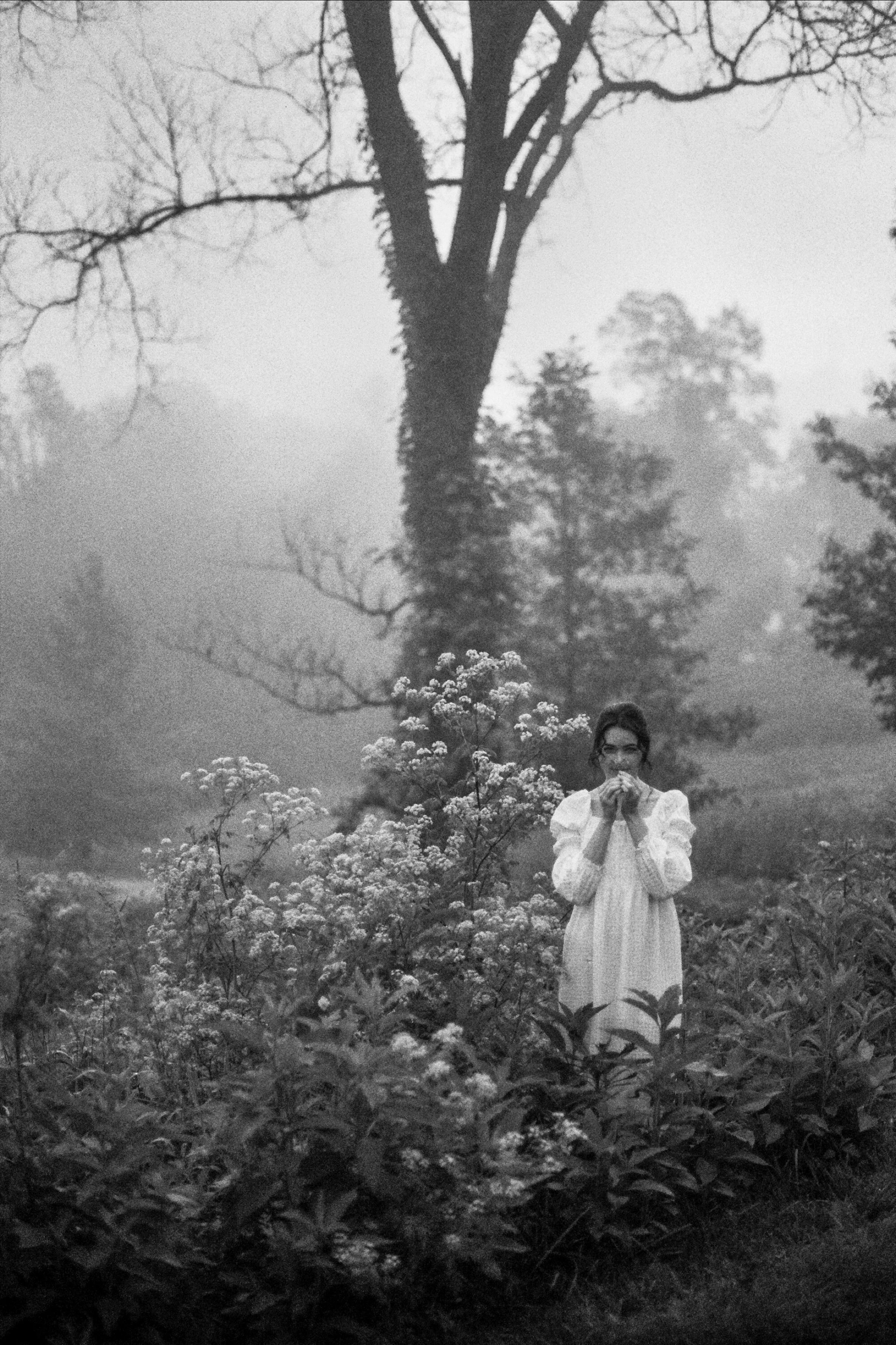 A woman in a long dress and glasses stands among blooming flowers in a misty forest, with tall, leafless trees in the background.