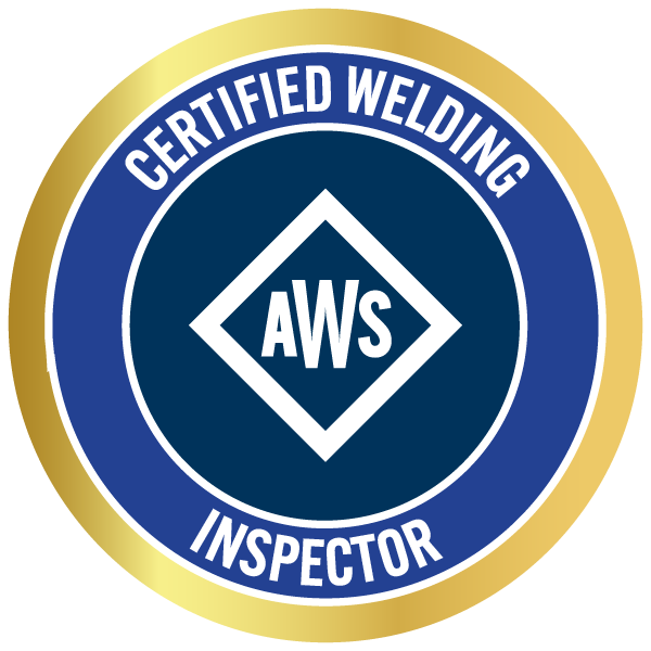 A circular badge with a gold outer ring, a blue inner ring, and white text. It reads 'Certified Welding Inspector' around the top and bottom, with a white diamond shape in the center containing the letters 'AWS' in bold.