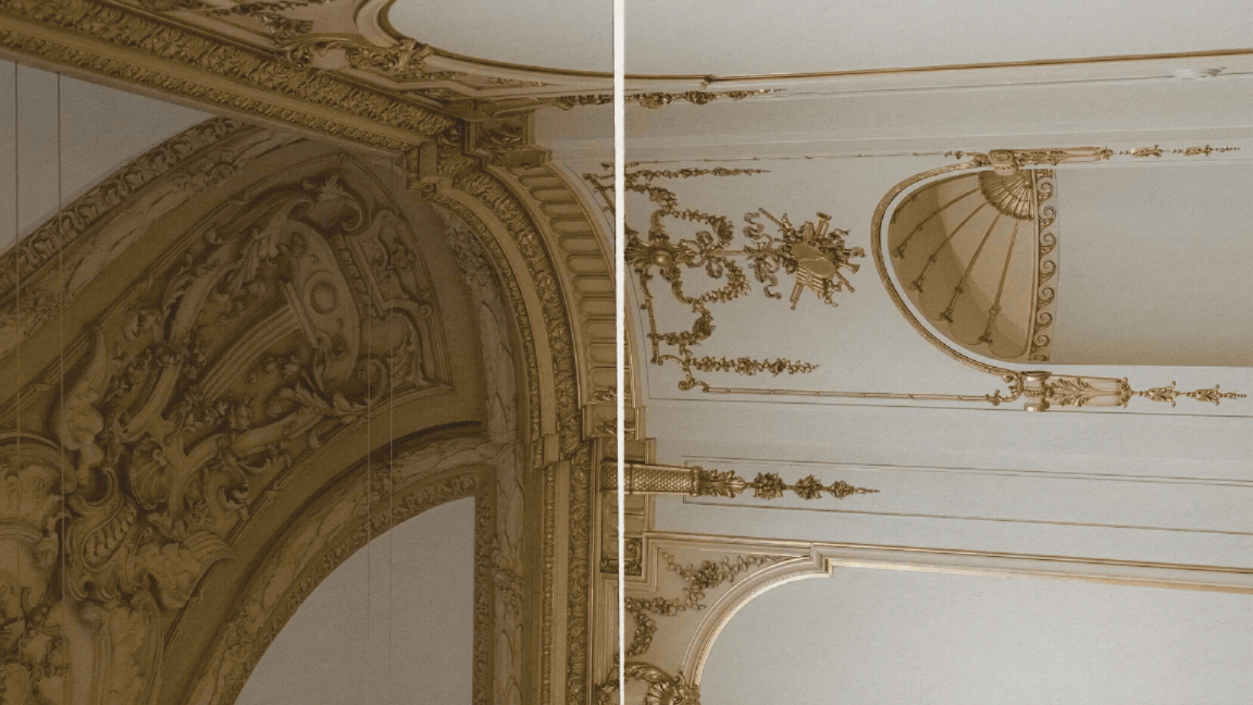 Side-by-side comparison of ornate, classical interior ceiling with elaborate gold decorations on the left and a more minimal, white design with gold accents on the right.