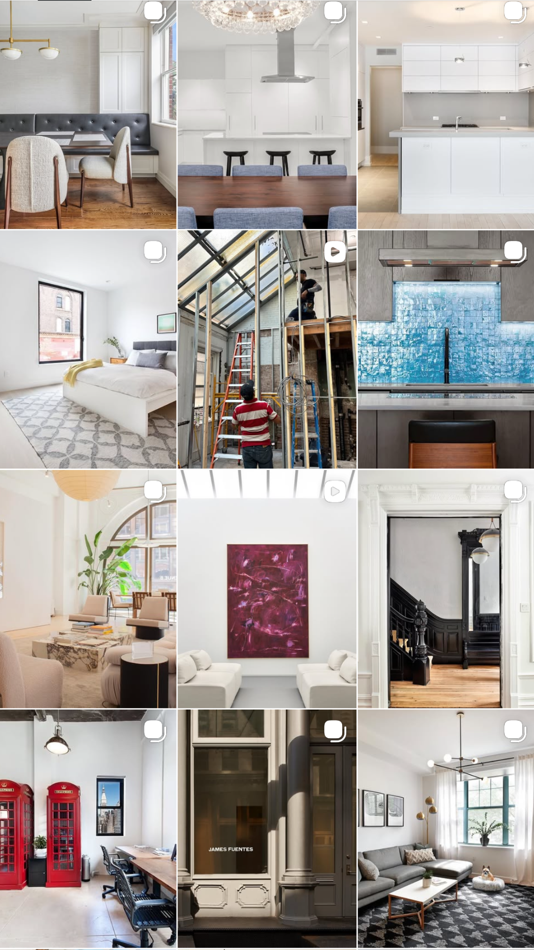 Collage of various interior home spaces, including a dining area, kitchen, bedroom, construction site, fountain feature, living room, office, art gallery, staircase, and living room with a dog.