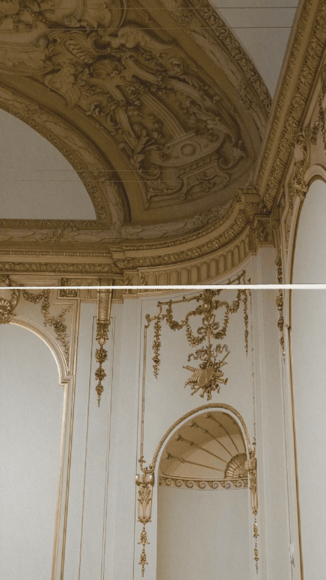 Ornate gold and white decorative interior ceiling and wall with elaborate molding and floral motifs.