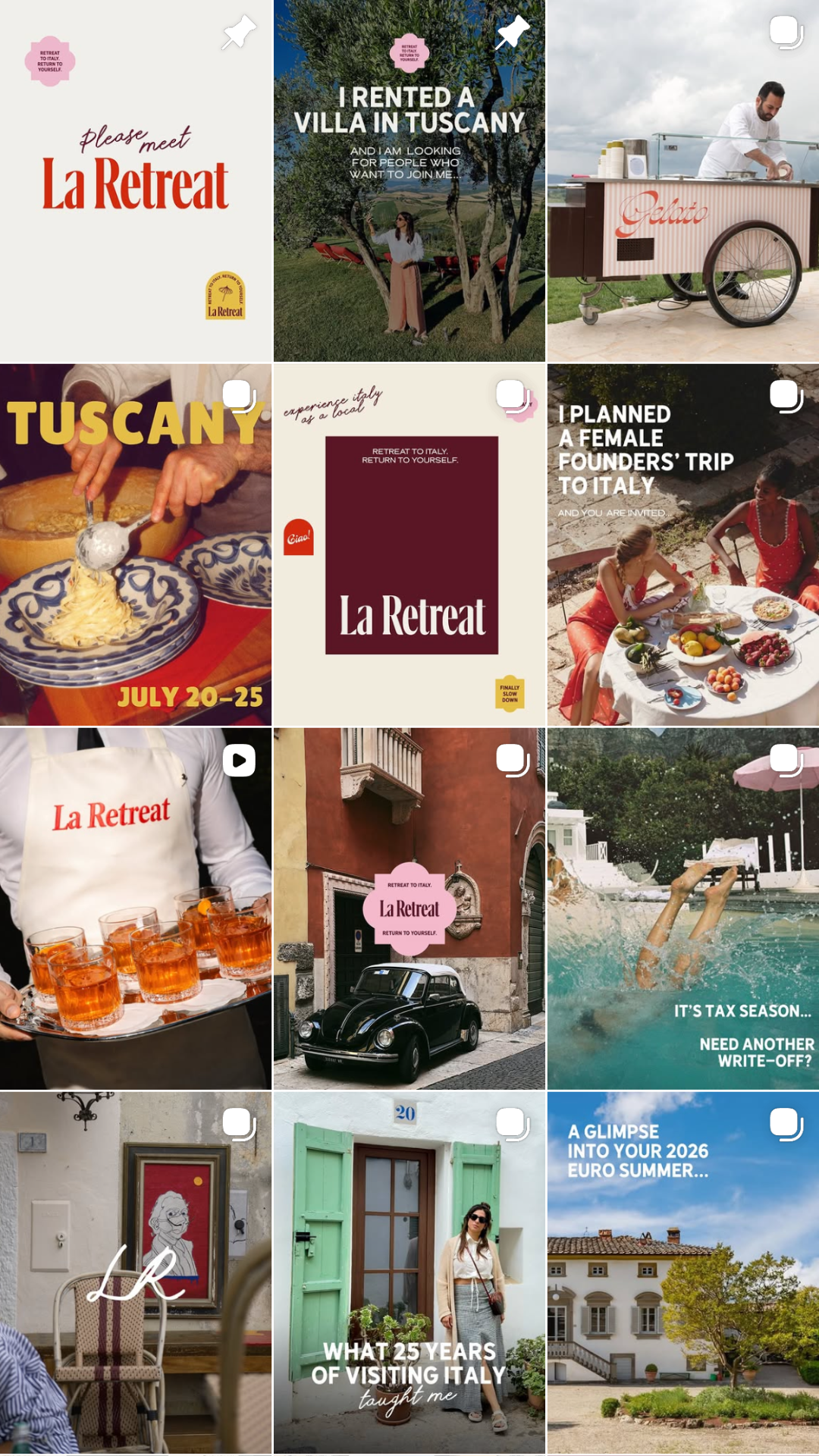 Collage of Instagram posts promoting Italy travel experiences, including scenic landscapes, food, architecture, and activities, with text overlays about Italy visits, trips, and events.