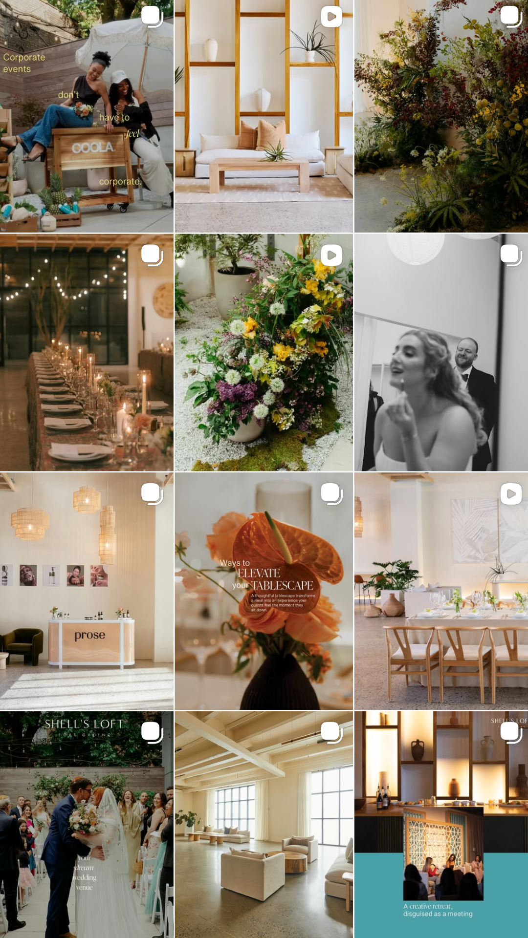 A collage of images featuring wedding and event venue decor, floral arrangements, tables set for dinner, and social gatherings in elegant and modern spaces.