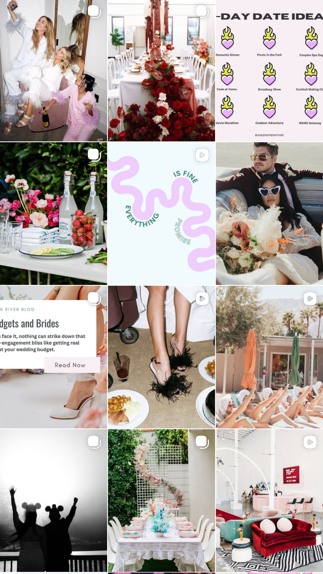 A collage of images including friends taking selfies, a decorated table with flowers, a dinner date, a flower arrangement, and various wedding and event setups.