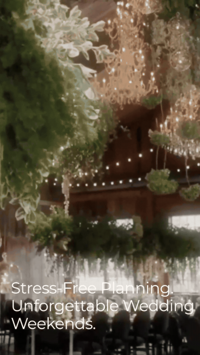 Decorated wedding ceremony setup with hanging string lights, green foliage, and a wooden arch in an outdoor setting.
