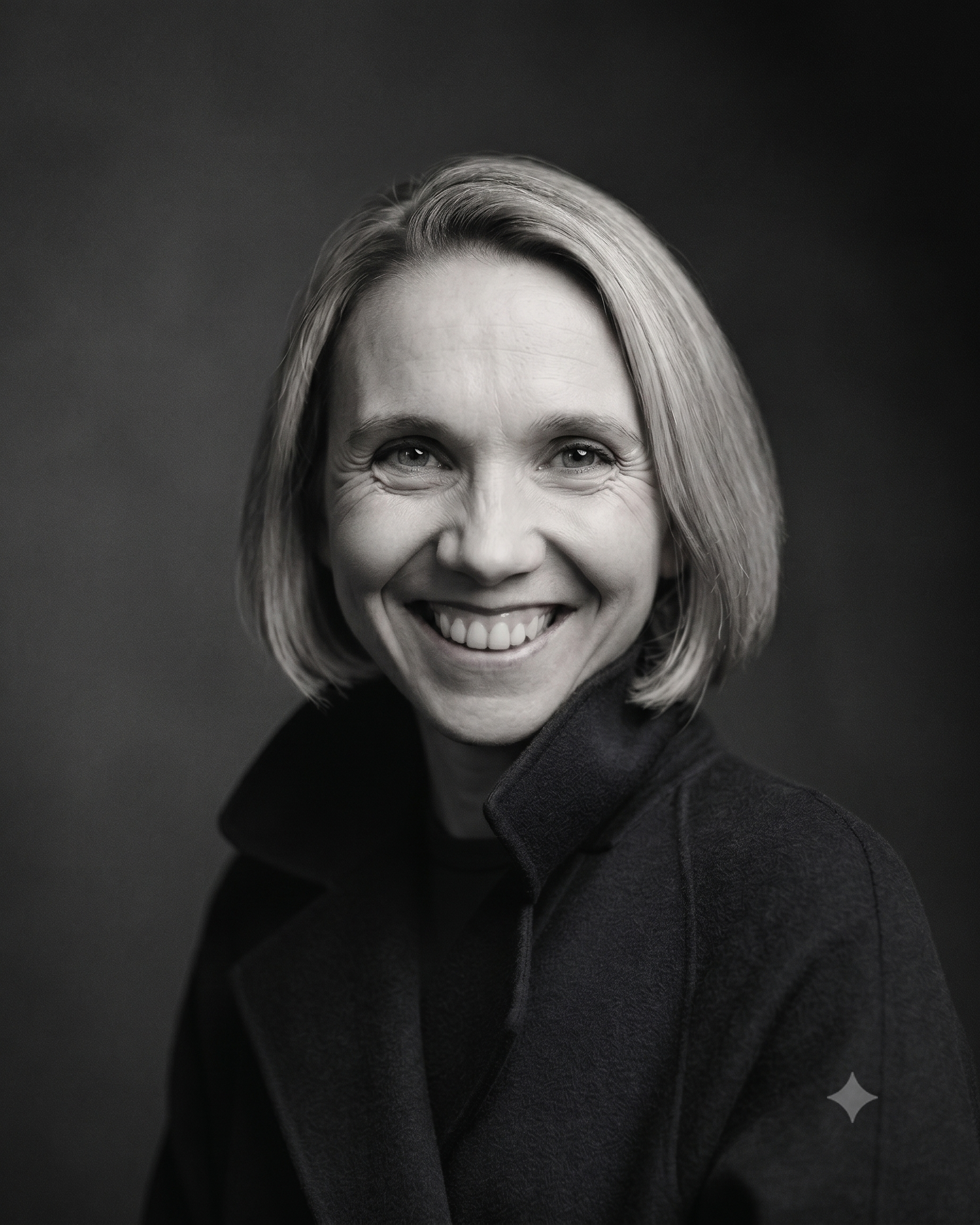 Close-up black and white portrait of a smiling woman with light-colored hair, wearing a dark coat.