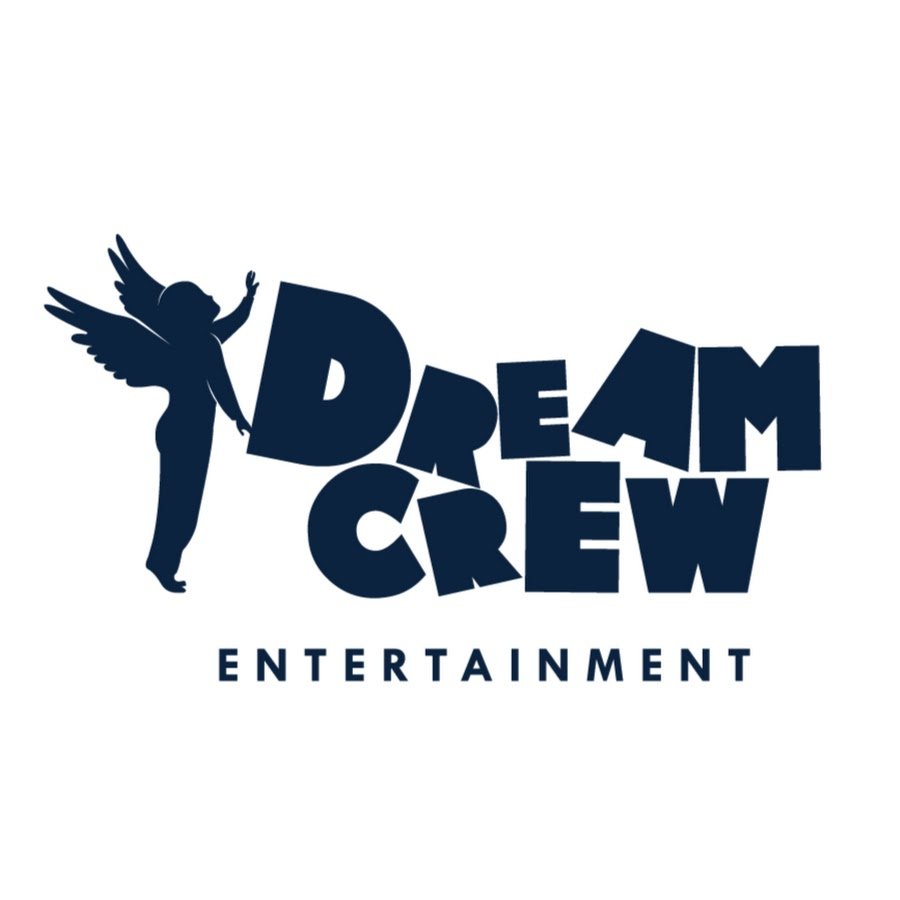 Logo for Dream Crew Entertainment featuring a silhouette of a fairy with wings extending from one arm and the words 'Dream Crew' in bold stylized font, with 'Entertainment' written underneath.