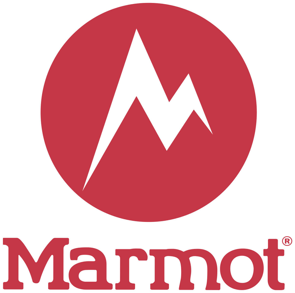 Marmot logo with a red circle containing a white stylized mountain and lightning bolt, and the word 'Marmot' in red beneath it.