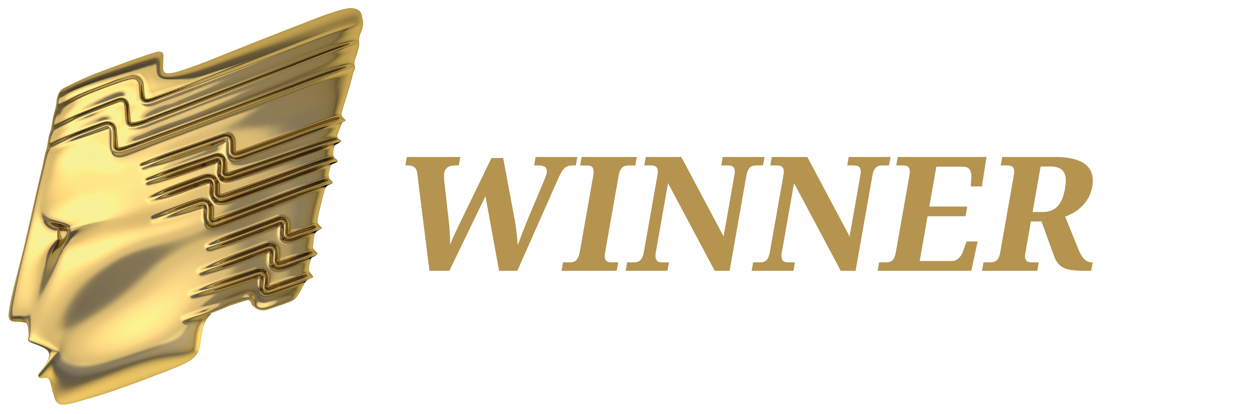A gold trophy with horizontal lines and a hand holding it, next to the word "WINNER" in large gold letters.