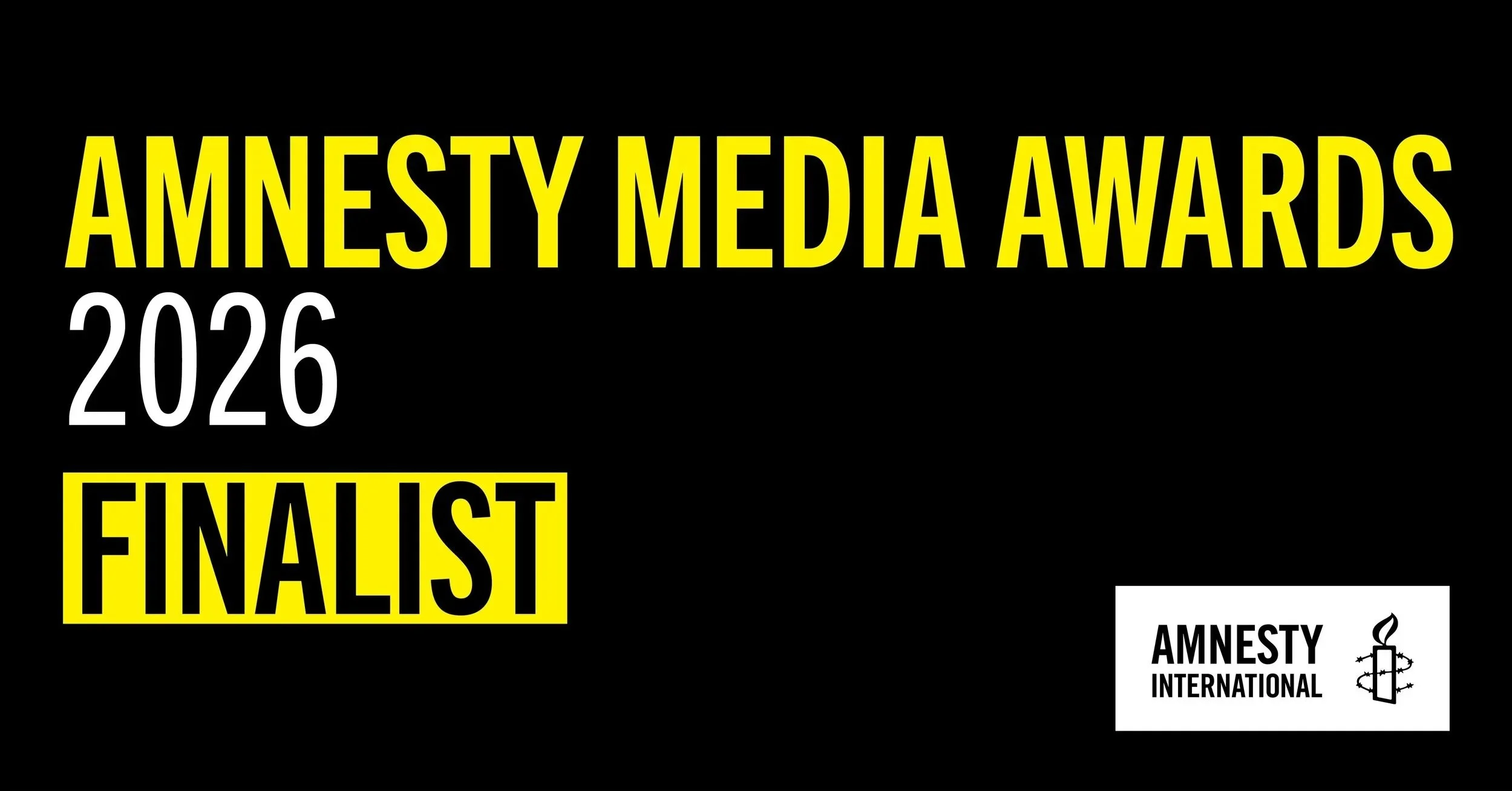Text reading 'Amnesty Media Awards 2020 Finalist' with Amnesty International logo.