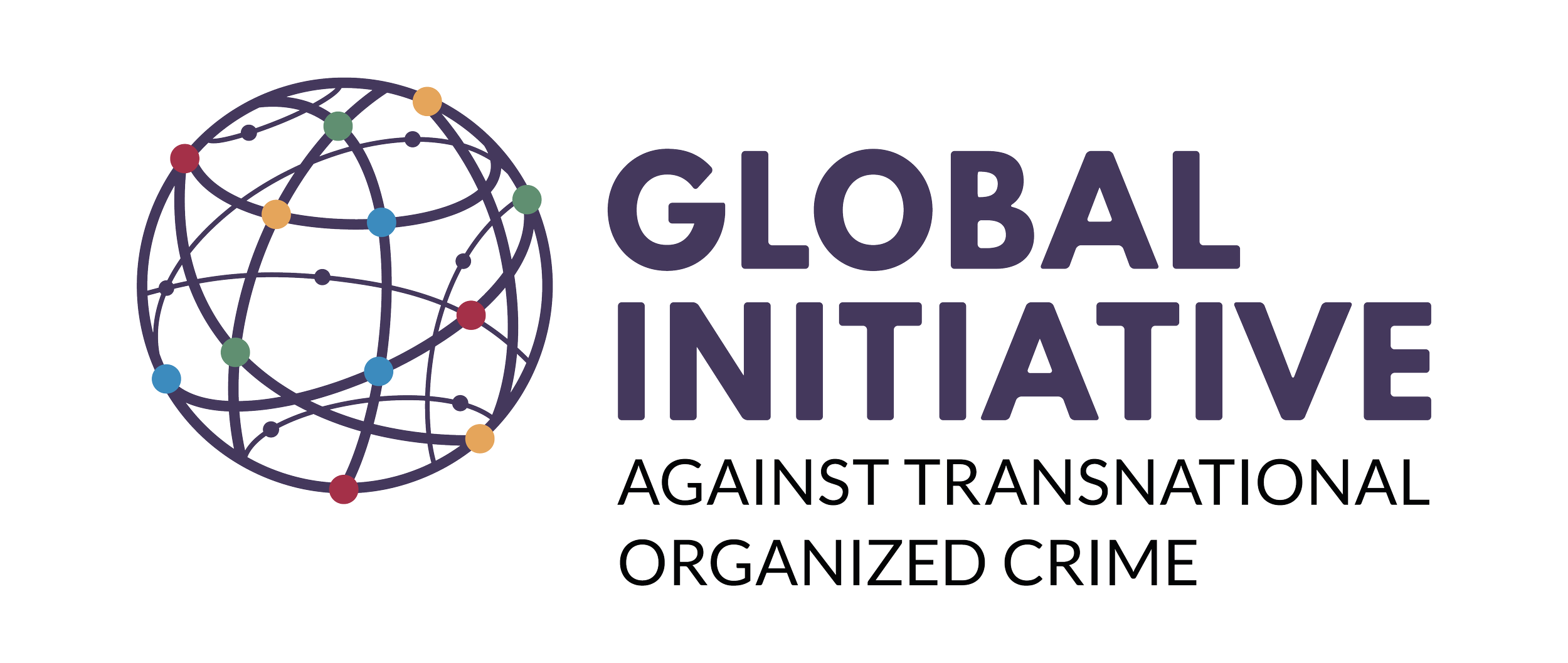 Logo of the Global Initiative Against Transnational Organized Crime featuring a stylized globe with interconnected dots and lines and the organization's name in bold purple and black text.