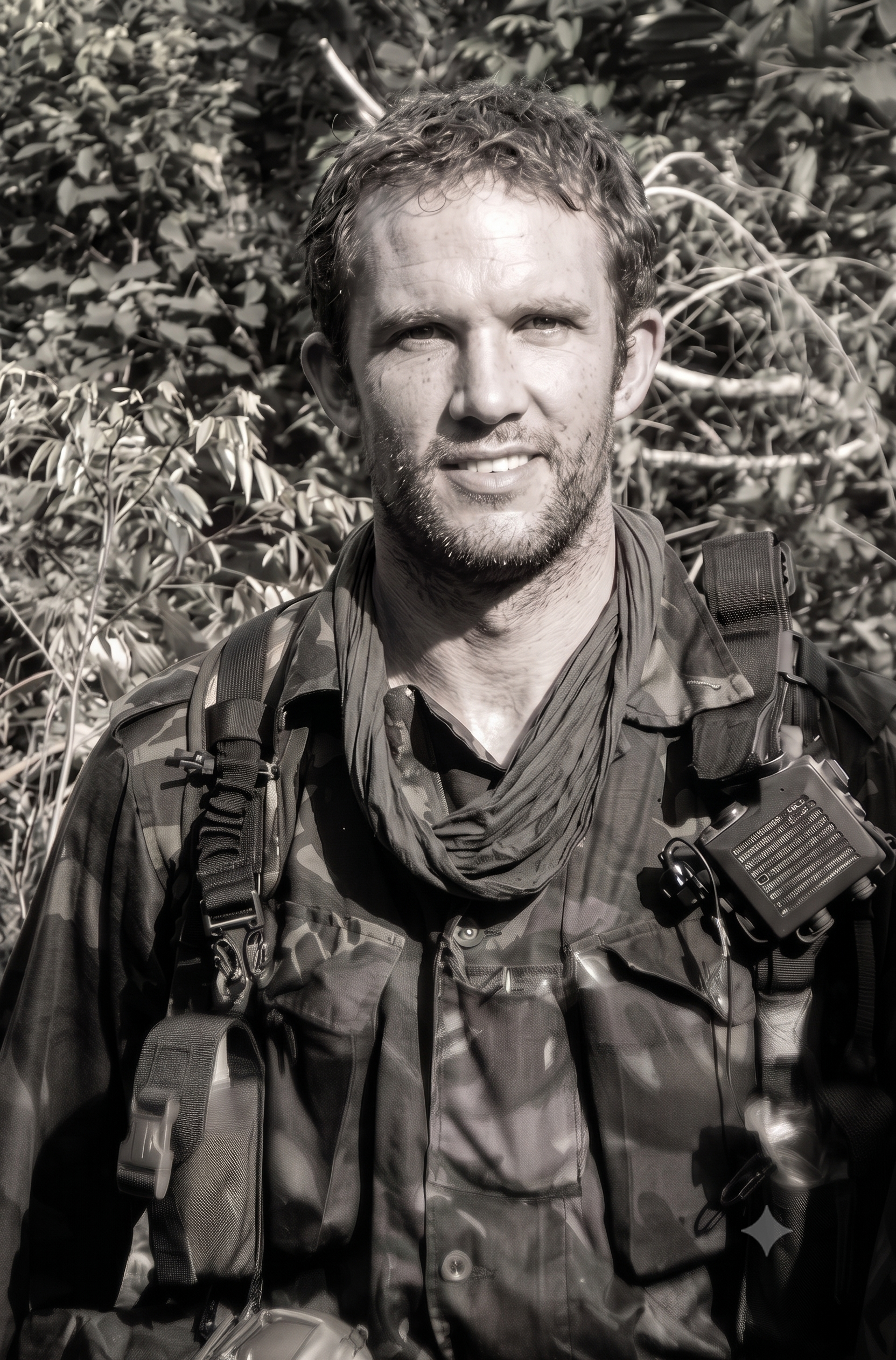 A young man with curly hair and a beard taking a selfie outdoors. He is wearing a camouflage jacket, a neck gaiter, and a backpack, with a camera attached to his chest. The background is filled with leafy bushes.