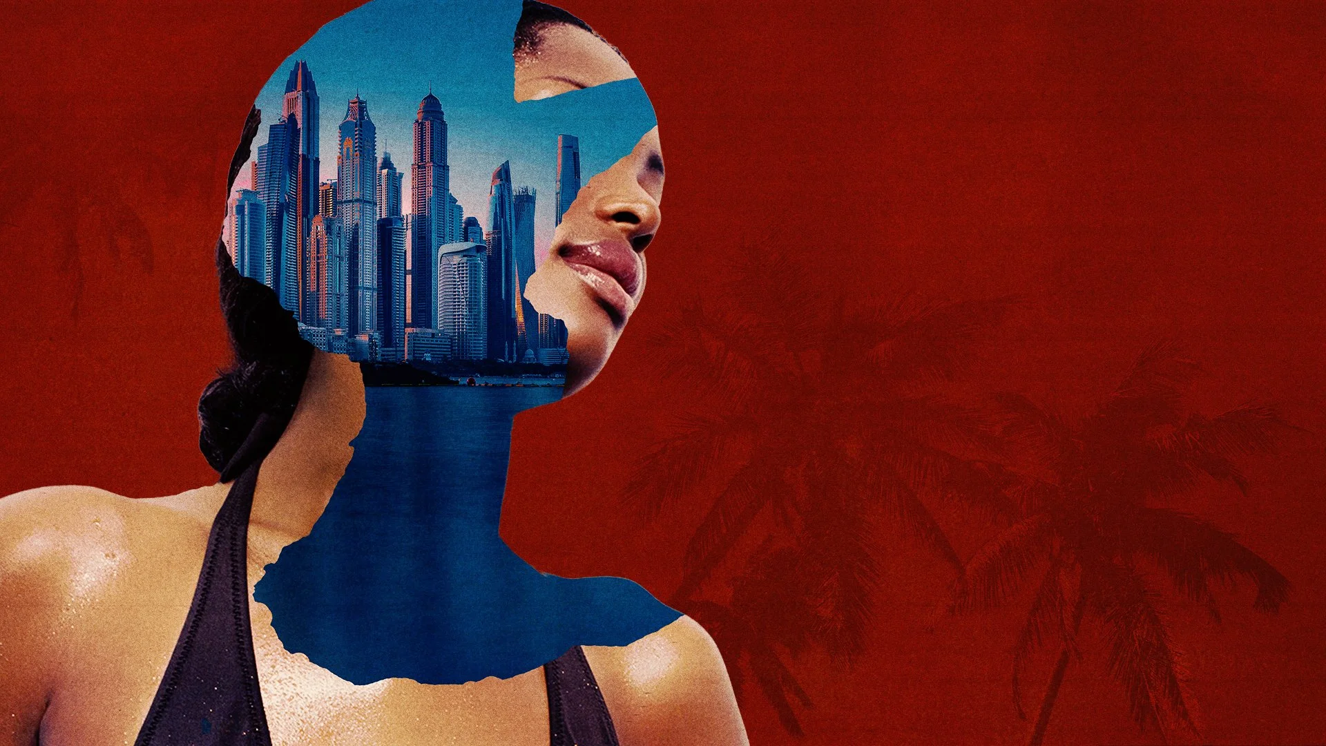 A woman in athletic gear with her face and part of her body shown, with a city skyline and water superimposed over her face in a collage style, against a red background.
