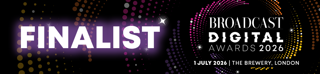 Announcement banner for Broadcast Digital Awards 2026, showing the word 'FINALIST' in large white text with purple glow, event date July 1, 2026, and location in London, with colorful dotted circular designs.