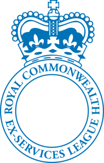 Royalty and badge emblem of the Royal Commonwealth Services League with a crown on top and a circular border with the organization's name.