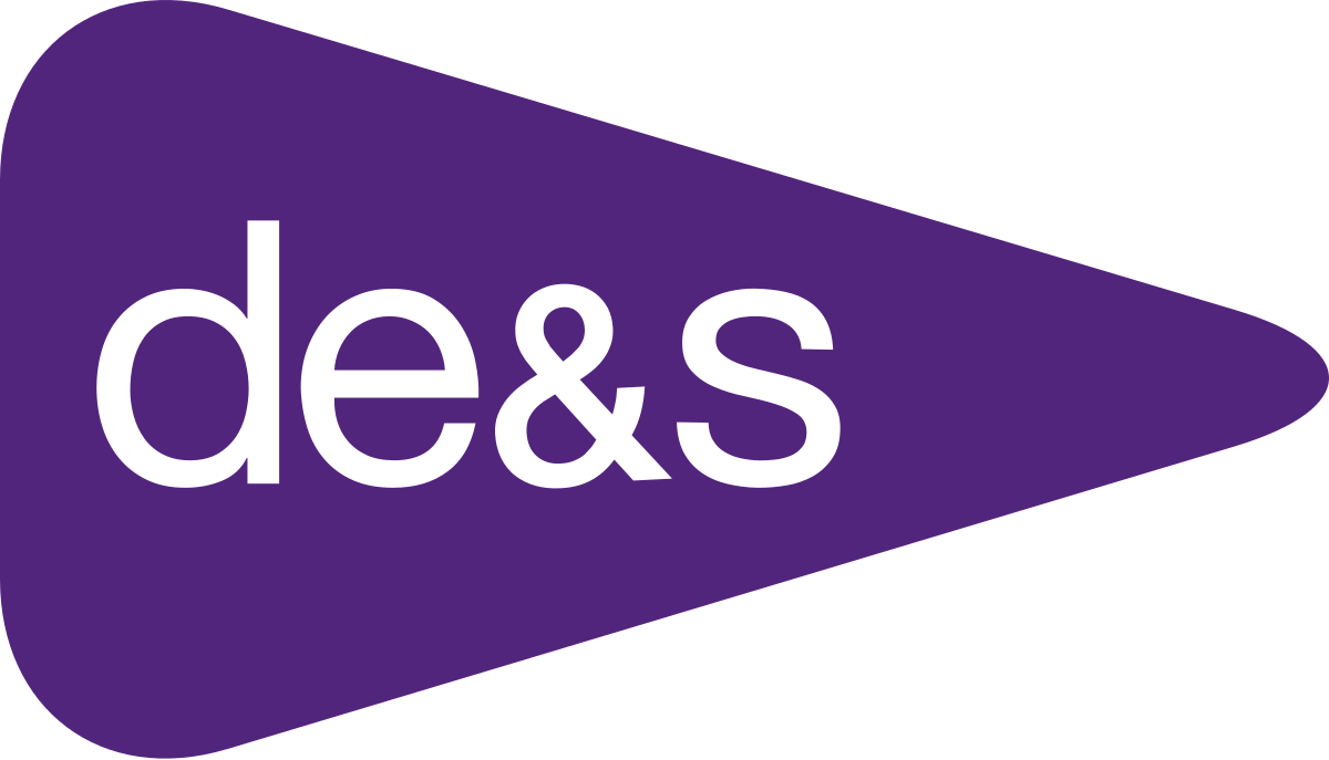 Purple arrow shape with the black letters "de&S" inside