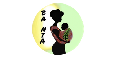 Silhouette of a woman holding a child with the words 'BABA NIA' and a leaf design in a circular logo.