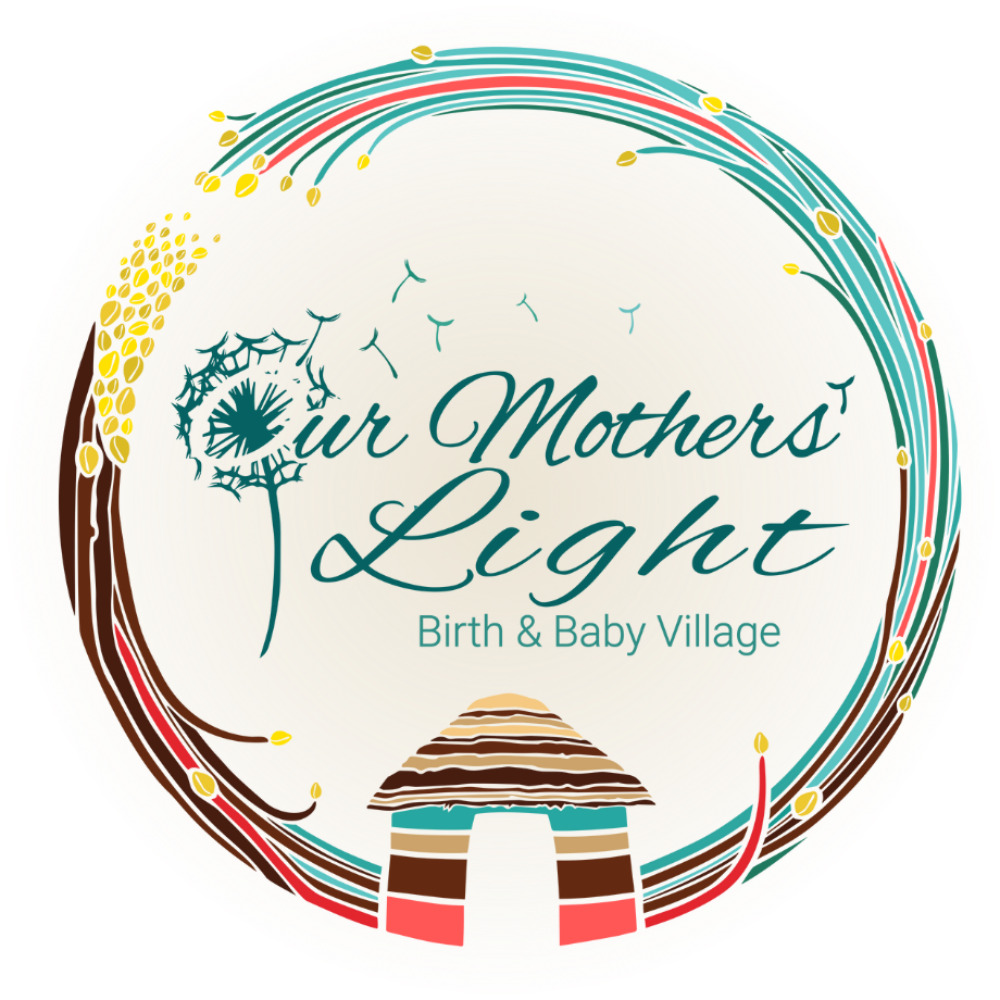Logo for Our Mothers' Light Birth & Baby Village featuring a stylized nest with a bird, a totem pole with a hat, and colorful circular lines.