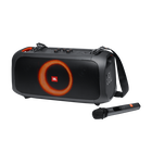 Portable black speaker with orange accents and a handle