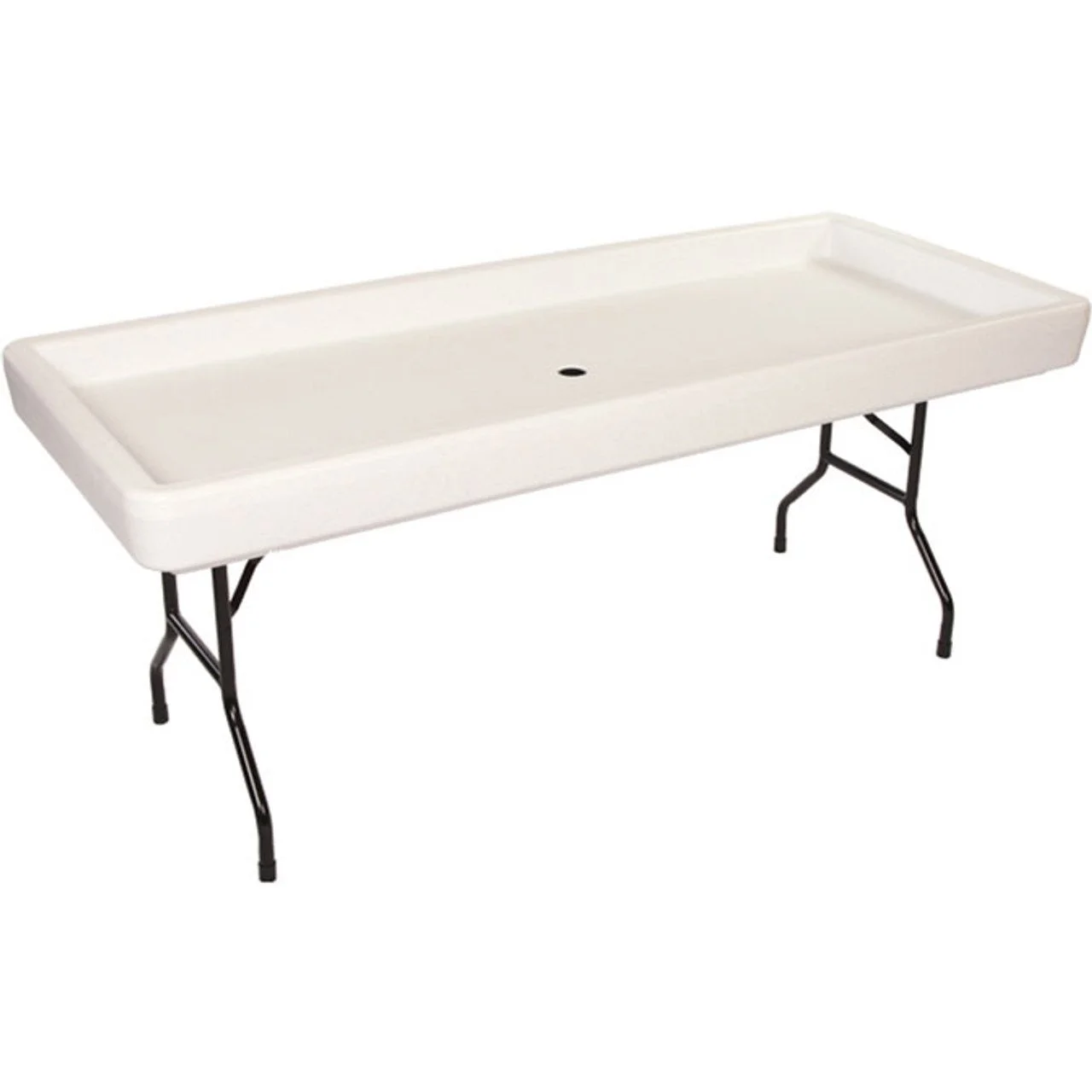 Long white plastic laundry sink with black metal foldable legs.