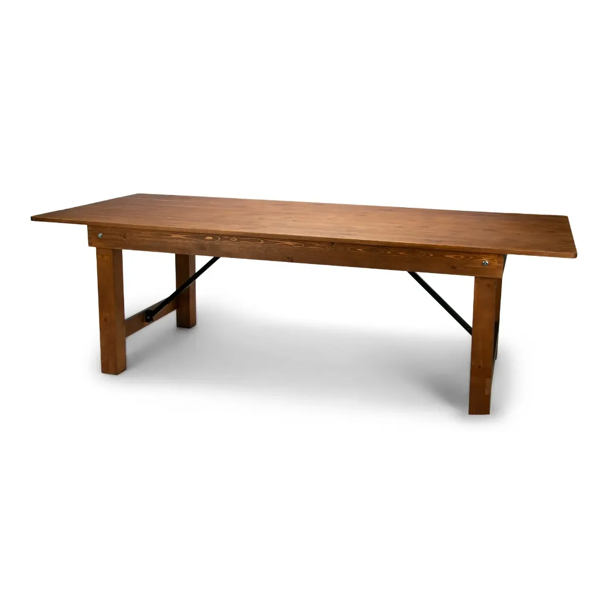 Wooden dining table with four legs and metal support braces on a white background.