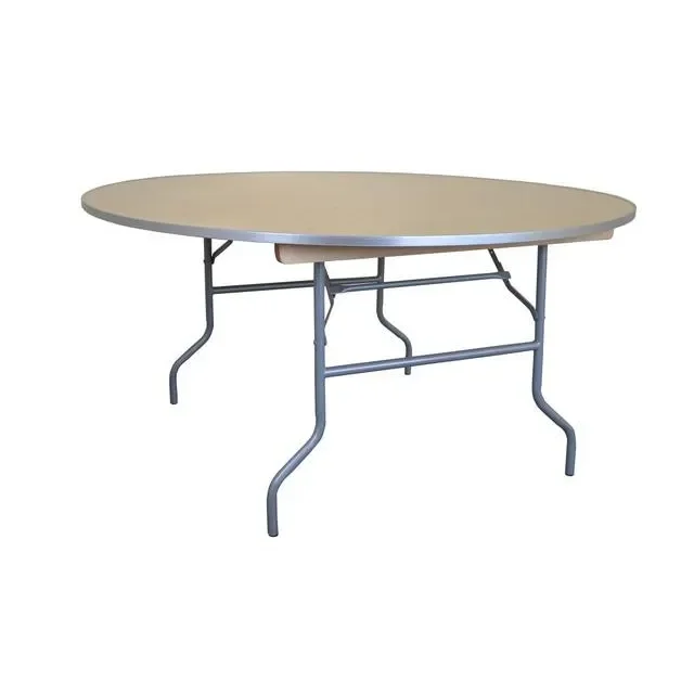 An empty oval folding table with metal legs and a beige tabletop