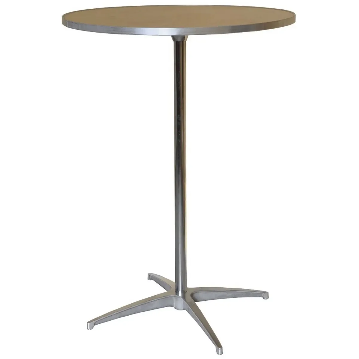 A standing table with a round wooden top and metal base.